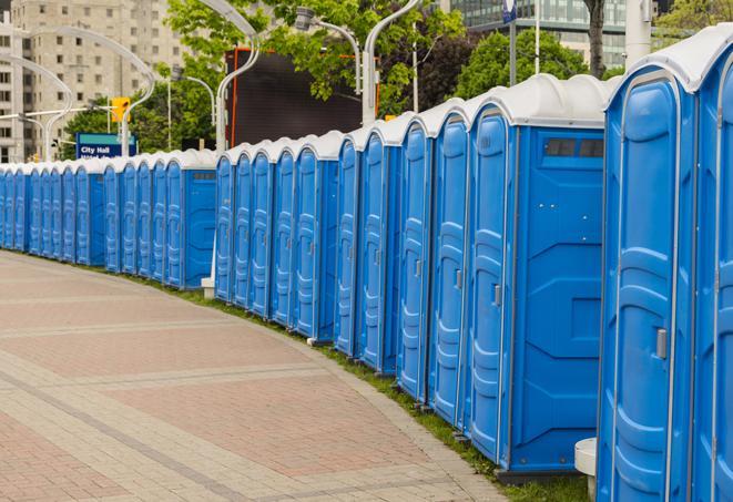 portable restrooms lined up at a marathon, ensuring runners can take a much-needed bathroom break in Balch Springs